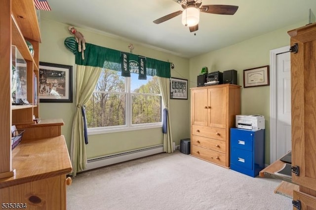 interior space featuring a ceiling fan, light colored carpet, and baseboard heating