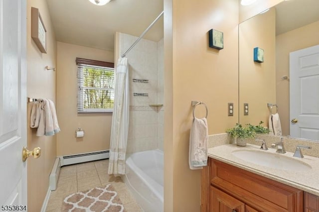 full bathroom featuring vanity, tile patterned flooring, baseboard heating, and shower / bath combination with curtain