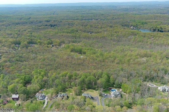 drone / aerial view featuring a water view and a view of trees