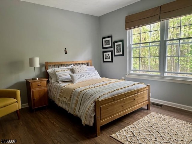bedroom featuring dark wood-type flooring, multiple windows, and baseboards