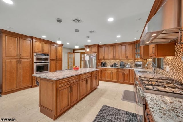 50 Perryville Rd, Union Twp, NJ 08867 - kitchen with decorative backsplash, brown cabinetry, a sink, ventilation hood, and stainless steel appliances