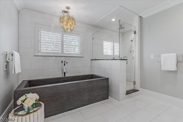 full bath with baseboards, visible vents, a shower stall, and ornamental molding