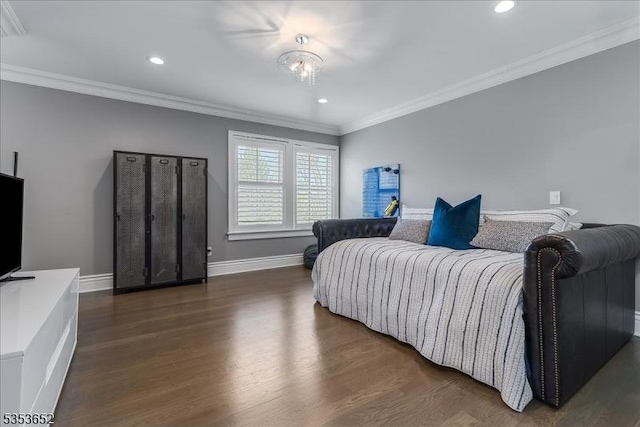 bedroom featuring baseboards, ornamental molding, dark wood-style flooring, and recessed lighting