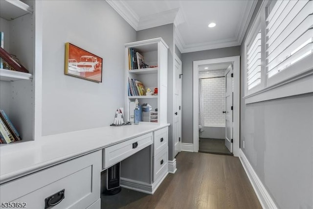 interior space featuring dark wood-type flooring, ornamental molding, baseboards, and recessed lighting