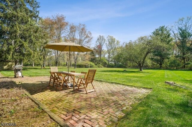 view of yard featuring a patio and outdoor dining area