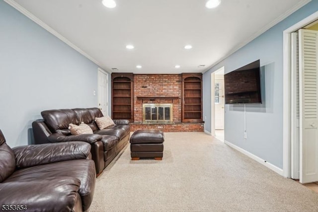 living room featuring recessed lighting, baseboards, crown molding, and built in features
