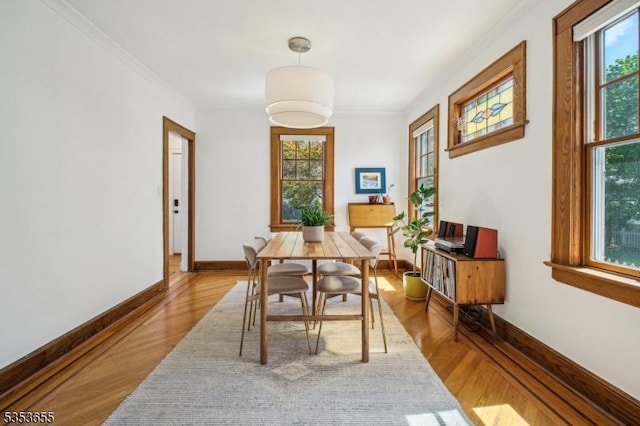 dining room with wood finished floors, healthy amount of natural light, baseboards, and crown molding