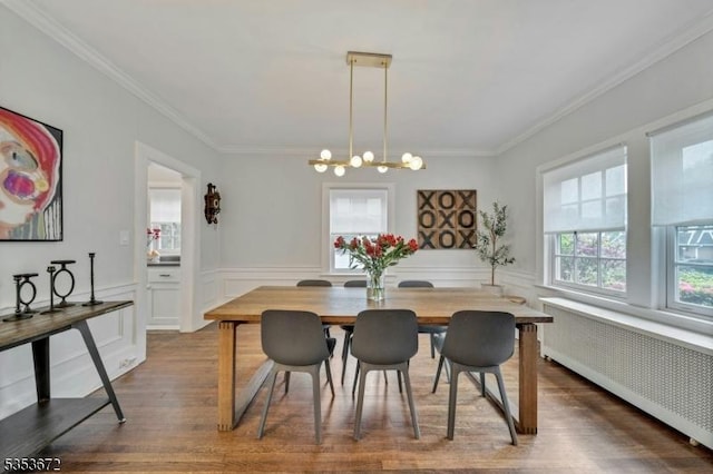 dining area with radiator, wood finished floors, crown molding, a chandelier, and a wainscoted wall
