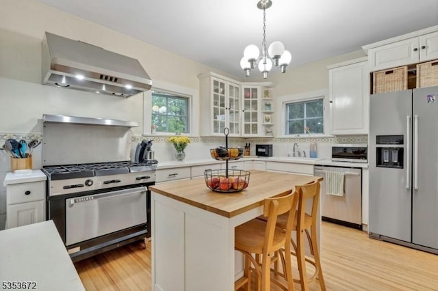 kitchen featuring stainless steel appliances, wall chimney exhaust hood, wooden counters, backsplash, and white cabinetry