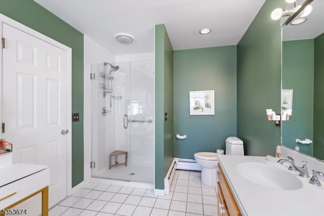 full bath with tile patterned flooring, vanity, toilet, baseboards, and a shower stall