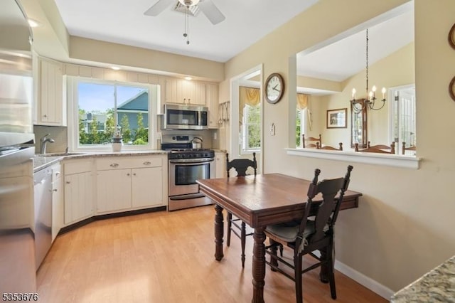 kitchen with appliances with stainless steel finishes, a healthy amount of sunlight, a sink, and light wood-type flooring