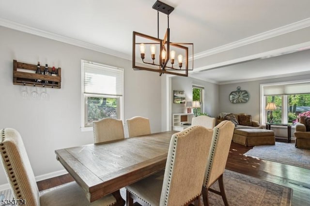 dining space with ornamental molding, a notable chandelier, baseboards, and wood finished floors