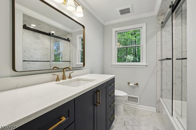 bathroom featuring toilet, visible vents, marble finish floor, and baseboards