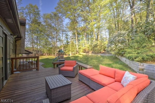 deck featuring an outdoor hangout area and a lawn