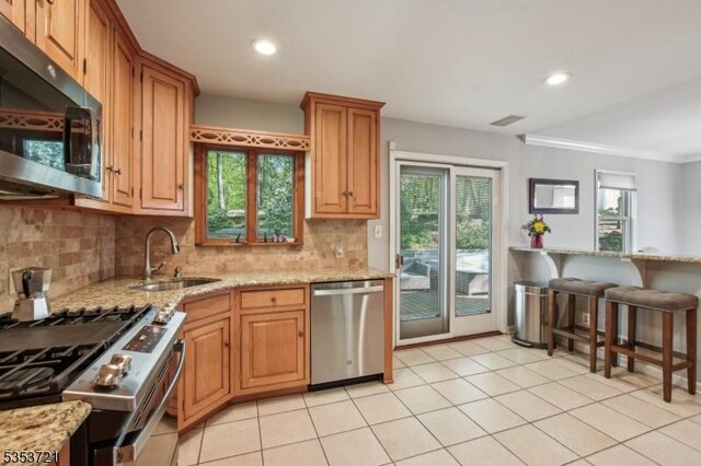 kitchen with backsplash, light stone counters, stainless steel appliances, and a sink