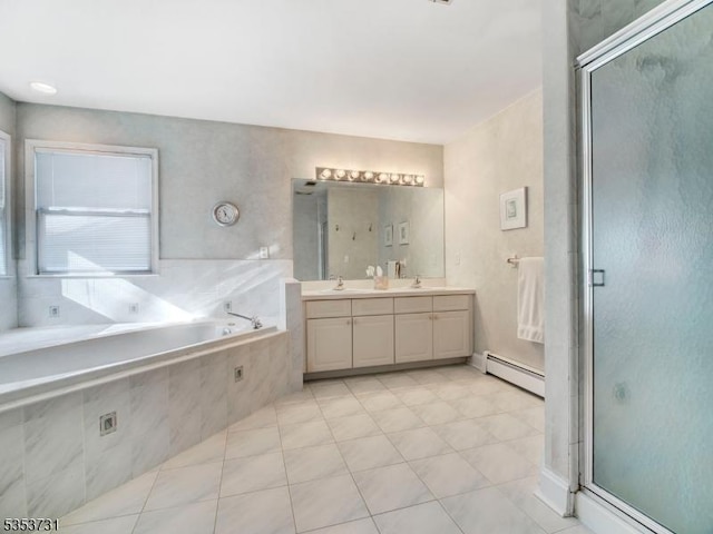 full bath featuring a shower stall, a baseboard heating unit, a bath, and a sink