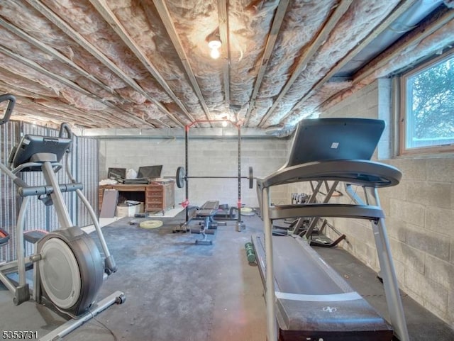 exercise room featuring concrete block wall