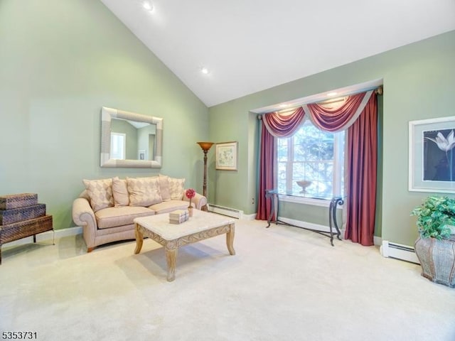 living area featuring baseboards, high vaulted ceiling, a baseboard heating unit, and carpet