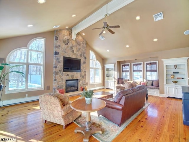 living room with visible vents, lofted ceiling with beams, ceiling fan, and light wood finished floors