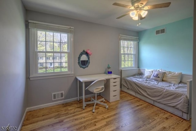 bedroom featuring visible vents, baseboards, and light wood-type flooring