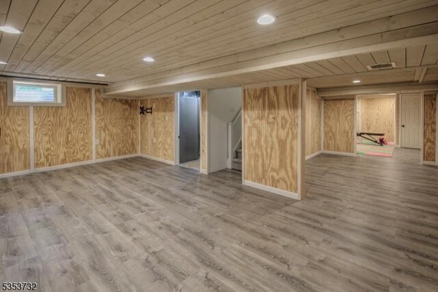 basement featuring visible vents, wood finished floors, stairs, and wood ceiling