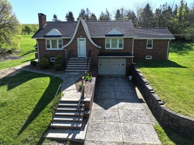 461 Main St, Sparta Twp, NJ 07871 - view of front of property with an attached garage, a front lawn, brick siding, a chimney, and driveway