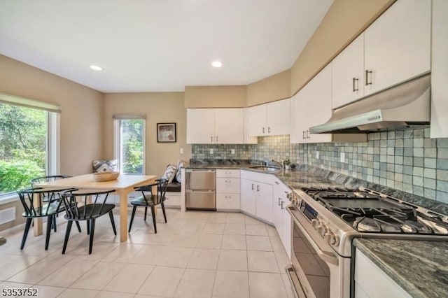 kitchen featuring decorative backsplash, appliances with stainless steel finishes, light tile patterned flooring, under cabinet range hood, and white cabinetry