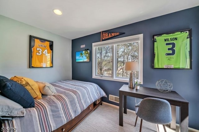 carpeted bedroom featuring baseboards, recessed lighting, and visible vents