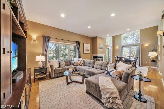 living area featuring recessed lighting and light wood finished floors