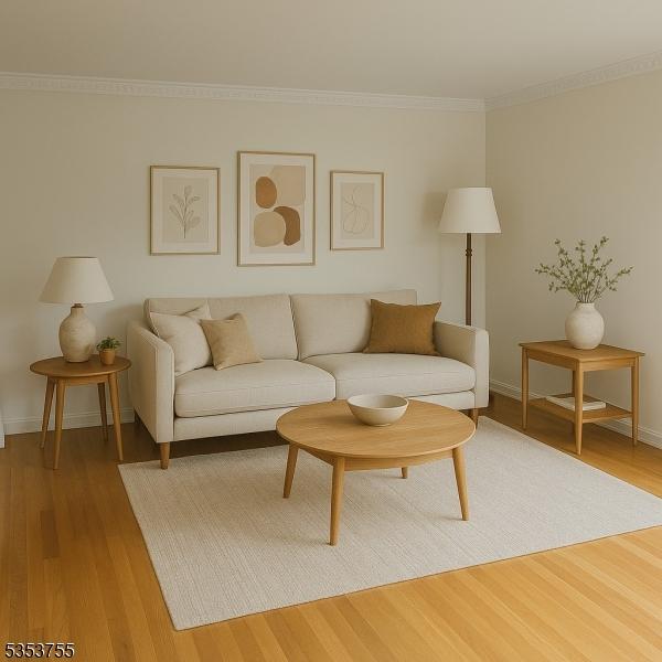 living area featuring crown molding, baseboards, and light wood-style flooring