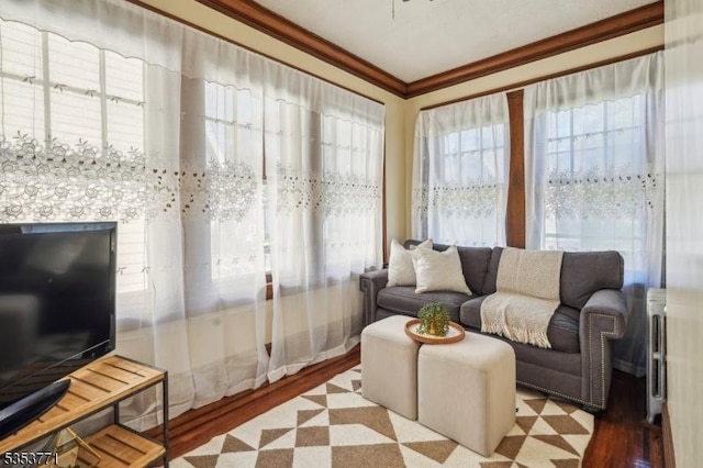 living room with ornamental molding and wood finished floors