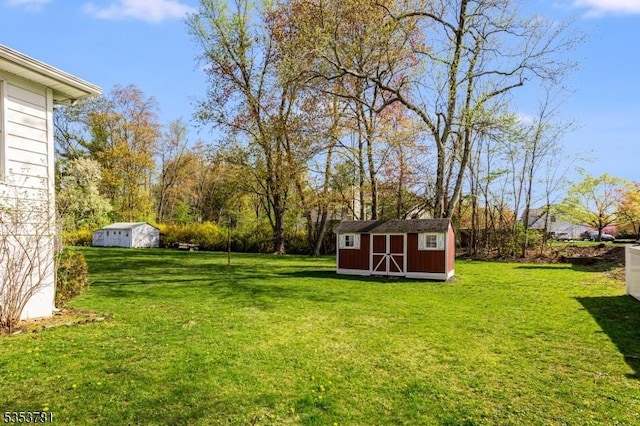 view of yard featuring an outdoor structure and a shed