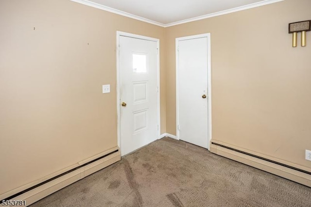 carpeted entrance foyer with crown molding, a baseboard heating unit, and baseboards