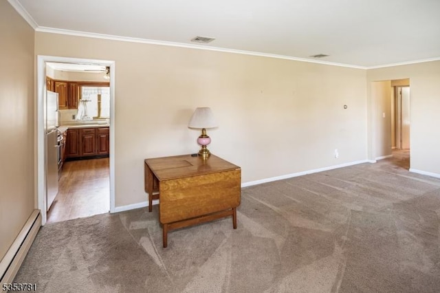 sitting room featuring visible vents, a baseboard heating unit, baseboards, ornamental molding, and carpet