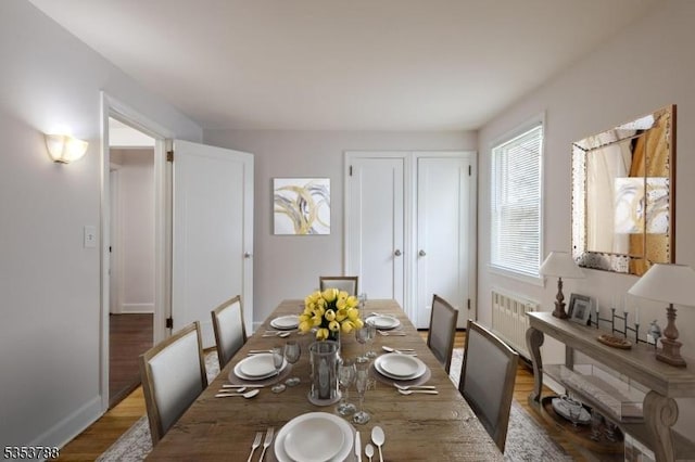 dining space with baseboards, wood finished floors, and radiator