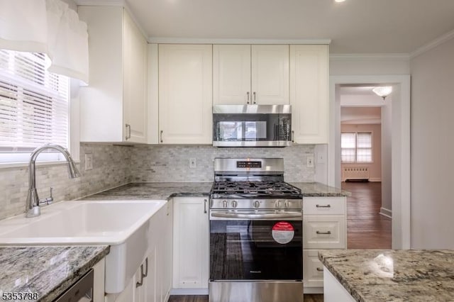 kitchen featuring light stone countertops, appliances with stainless steel finishes, a sink, radiator, and decorative backsplash
