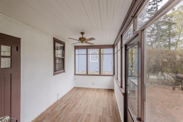 unfurnished sunroom with wood ceiling and wood finished floors