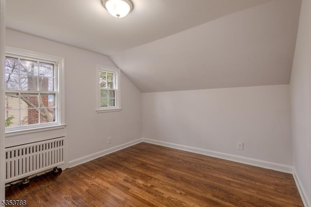 additional living space with radiator heating unit, baseboards, vaulted ceiling, and wood finished floors