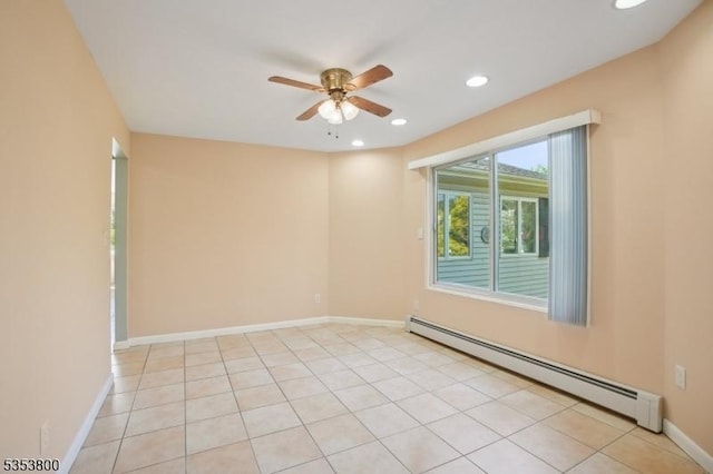 unfurnished room with baseboard heating, ceiling fan, recessed lighting, baseboards, and light tile patterned floors