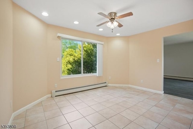 unfurnished room with a baseboard heating unit, a ceiling fan, recessed lighting, and baseboards