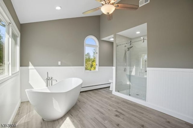 full bath featuring a baseboard radiator, wainscoting, healthy amount of natural light, a stall shower, and vaulted ceiling