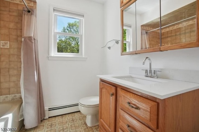 bathroom featuring a baseboard heating unit, toilet, vanity, and shower / bath combo