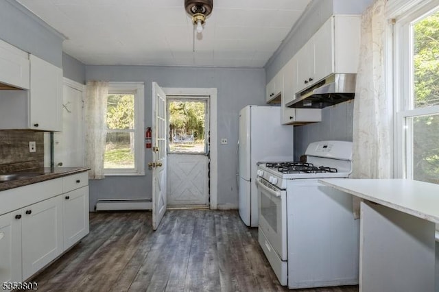 590 Valley Rd, Long Hill Twp, NJ 07933 - kitchen featuring white cabinets, dark wood-type flooring, a baseboard heating unit, white appliances, and under cabinet range hood