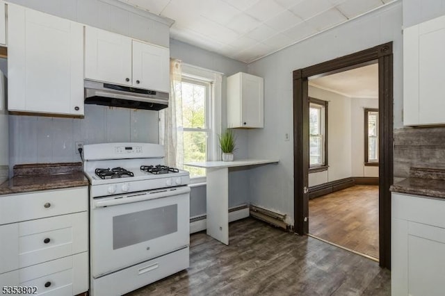 590 Valley Rd, Long Hill Twp, NJ 07933 - kitchen with under cabinet range hood, gas range gas stove, white cabinetry, and dark wood-style floors