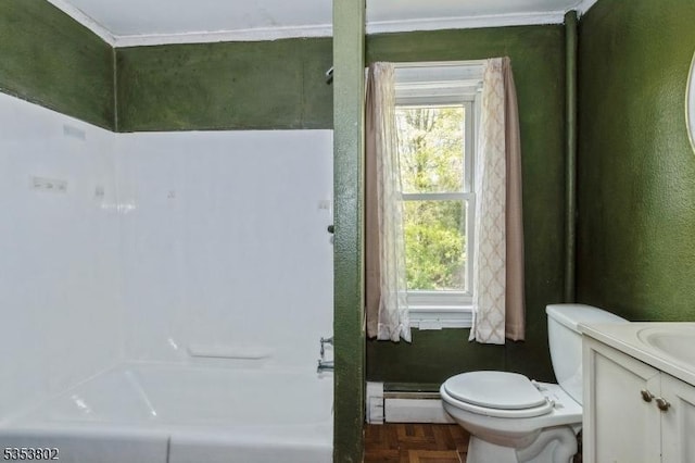 590 Valley Rd, Long Hill Twp, NJ 07933 - full bath featuring vanity, toilet, a healthy amount of sunlight, and a baseboard heating unit