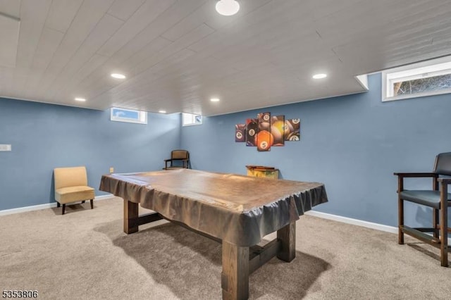 game room with billiards, baseboards, carpet flooring, and recessed lighting