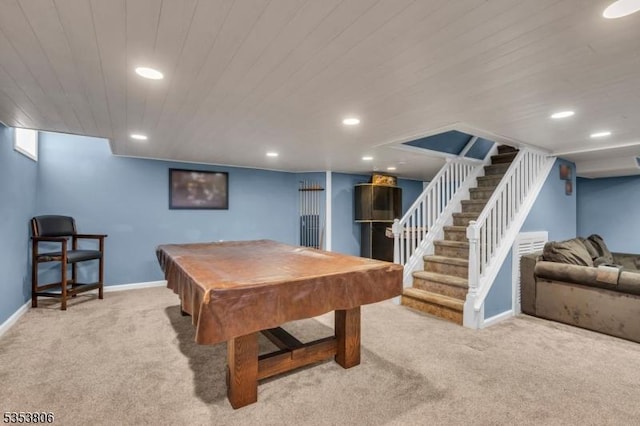 recreation room featuring carpet floors, baseboards, recessed lighting, pool table, and wooden ceiling