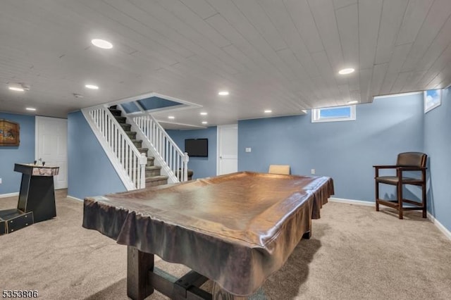 playroom with billiards, baseboards, recessed lighting, and light colored carpet