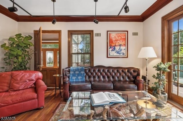 2 Perry St, Morristown Town, NJ 07960 - living room featuring wood finished floors, visible vents, and ornamental molding