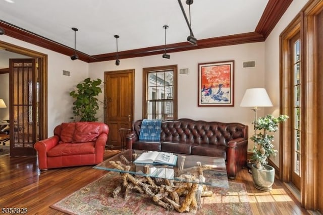 2 Perry St, Morristown Town, NJ 07960 - living room featuring visible vents, ornamental molding, and wood finished floors